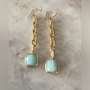 ✨Handmade Peruvian Amazonite & Gold-tone Chain Dangle Pendant Earrings